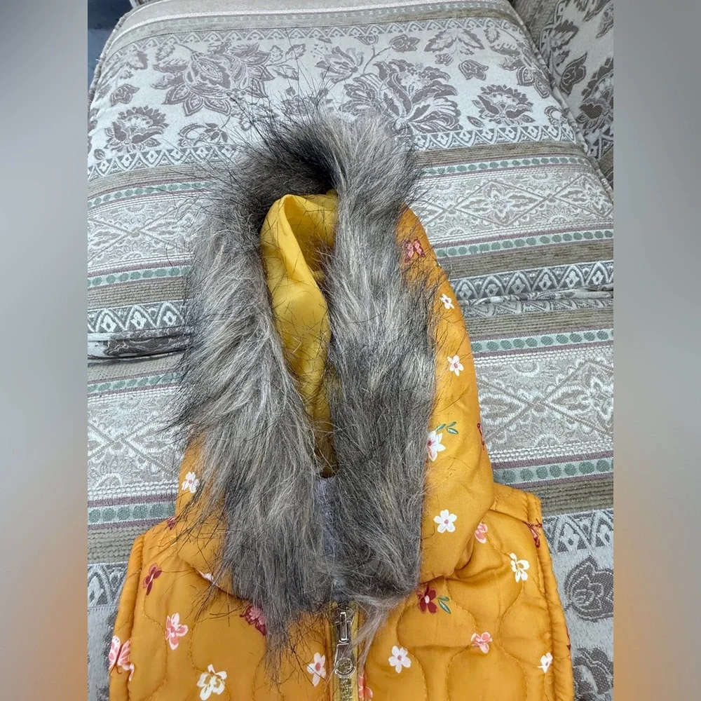 Little Lass Yellow Floral Vest with Faux Fur